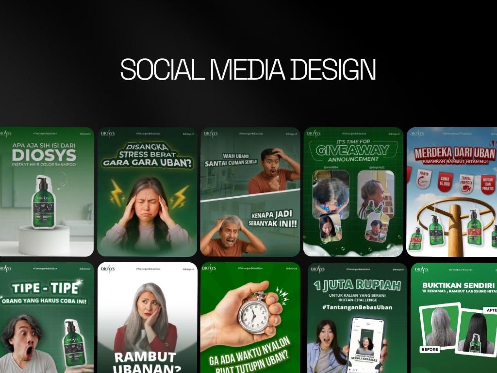 Creative design for Diosys's Instagram feed, featuring the "Tantangan Bebas Uban.