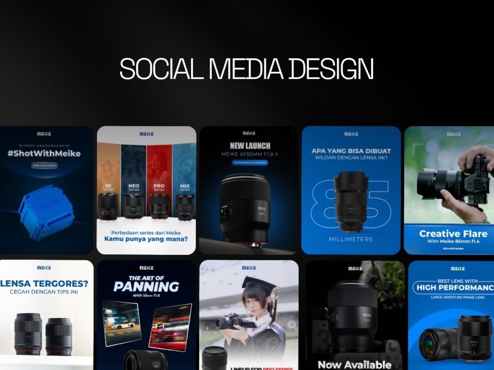 Creative design for Meike's Instagram feed, featuring the "Shot with Meike" campaign.